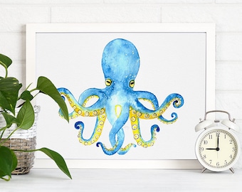 Octopus Art Print: Beachy Wall Decor, Nautical Octopus Wall Art, Coastal Art, Sea Life Watercolor, Ocean Art, Beach House Modern Design