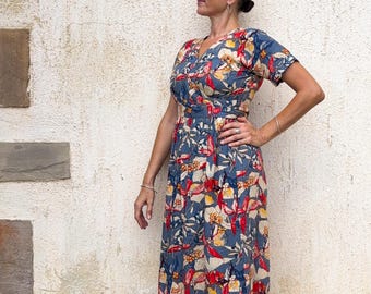 Floral Rayon Wrap Dress: Short Sleeve V-Neck Midi Dress