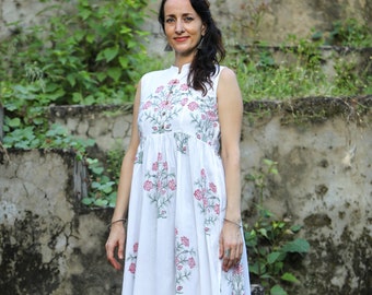 Baumwoll Maxikleid, Elegantes Ärmelloses Block Print Kleid