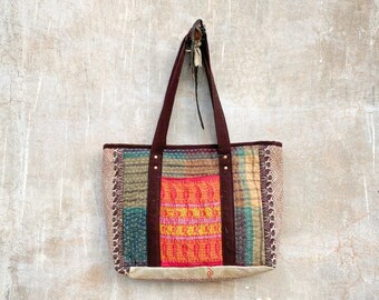 Boho Hippie Patchwork Cotton Kantha Shoulder Bag, Women's Bag, Up-cycled tote with zipper closure and multi pockets