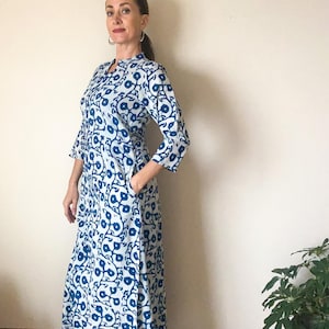 Indigo Block Print Cotton Kurta Dress: Slim Long Shirt Dress with Pockets