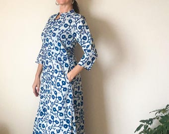 Indigo Block Print Baumwolle Kurta Kleid: Schlankes, langes Hemdkleid mit Taschen