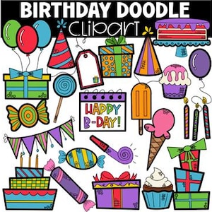 Alles Gute zum Geburtstag Doodles Clip Art, Geburtstag Clipart, Feier Clip Art, Handgezeichnet
