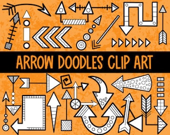 Pode incluir: Uma coleção de rabiscos de flechas em preto e branco sobre um fundo laranja. As flechas são de vários estilos e tamanhos, incluindo curvas, retas e pontiagudas. O texto "ARROW DOODLES CLIP ART" está na parte inferior da imagem.