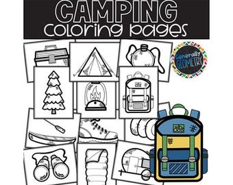 May include: Black and white line art coloring pages featuring camping equipment, including a tent, a backpack, a canoe, a campfire, binoculars, a sleeping bag, and a tree. The text "Camping Coloring Pages" is at the top of the image.