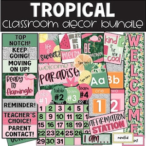 Paquete de decoraciones tropicales para el aula, tema del aula, tablón de anuncios, exhibición del aula, decoración fácil del aula, tema flamenco