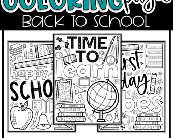 May include: Black and white coloring pages with school-themed illustrations. The pages feature the words "COLORING pages" and "BACK TO SCHOOL". The coloring pages include images of an apple, books, pencils, and the text "TIME TO LEARN" and "first day".