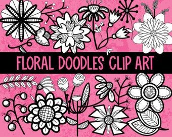 Blommiga klotter clipart, blomclipart, blommönster, handritade