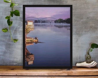 FOTO DIGITAL, Puente Arrigoni, Portland, Middletown, Río Connecticut, amanecer, cielo púrpura o gris, niebla matutina, muelle, barcos, río, agua