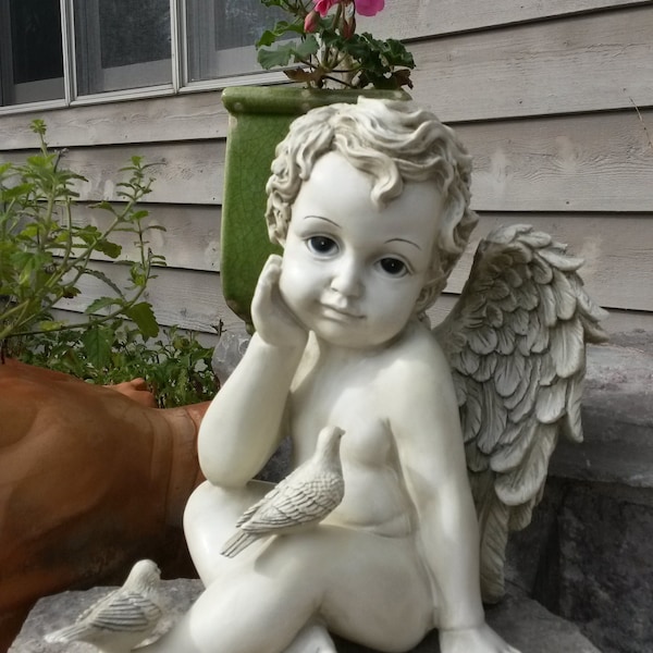 Thinking Cherub and Doves Garden Statue