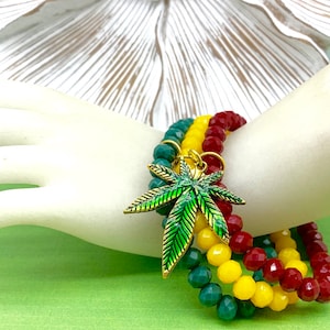 Rastafarian Beaded Bracelet Set, Enamel Pot Leaf Charm