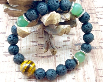 Tiger Eye Jade Lava Stone Bracelet, Chakra Balancing, Unisex