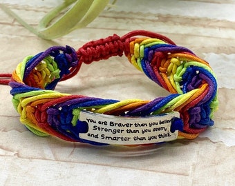 Inspirational Rainbow Braided Bracelet, Engraved Quote, Pride Jewelry
