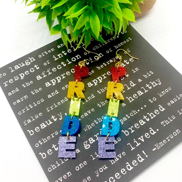 Rainbow PRIDE Dangle Acrylic Earrings, LGBTQ Pride Jewelry, Glitter Statement Earrings, Pride Jewelry, Movie Star Glamour, Gifts under 20.00