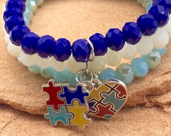 Autism Awareness Bracelet Set, Autism Jewelry, Autism Mom Jewelry, Teacher Jewelry, Autism Gifts, Autism Enamel Puzzle and Heart Charms
