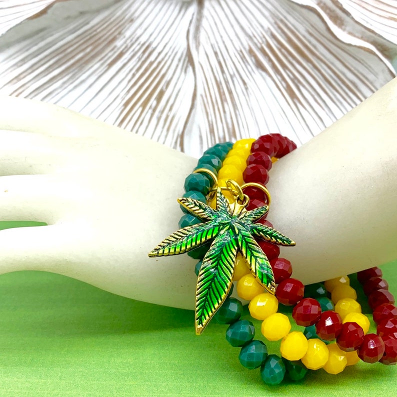 Rastafarian Beaded Bracelet Set, Enamel Pot Leaf Charm image 1