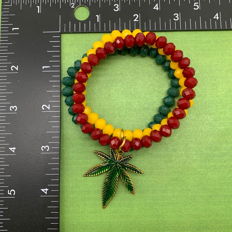 Rastafarian Beaded Bracelet Set, Enamel Pot Leaf Charm image 4