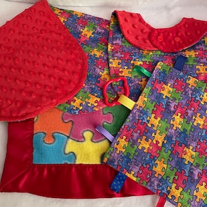 Puzzle Theme Baby Gift Set-Blanket,Bib,Burp Cloth,and Crinkle Sensory Toy; Shower Gift;