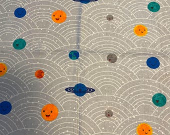 Magic Moon Planets Print Cotton Fabric - Colorful Planets on Gray Background; 42" X 2 Yards Available; Space Theme
