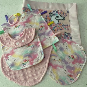 Unicorn Theme Baby Gift Set-Blanket,Bib,Burp Cloth,and Crinkle Sensory Toy; Shower Gift