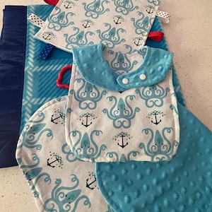 Ocean Theme Baby Gift Set-Blanket,Bib,Burp Cloth,and Crinkle Sensory Toy; Shower Gift