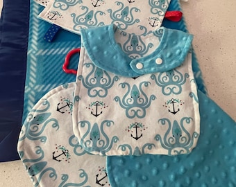 Ocean Theme Baby Gift Set-Blanket,Bib,Burp Cloth,and Crinkle Sensory Toy; Shower Gift