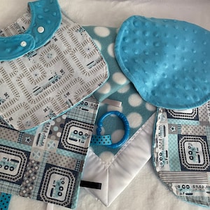 Train Theme Baby Gift Set-Blanket,Bib,Burp Cloth,and Crinkle Sensory Toy; Shower Gift