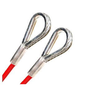 May include: Two red wire rope thimbles with silver metal loops. The thimbles are used for attaching wire rope to other objects.