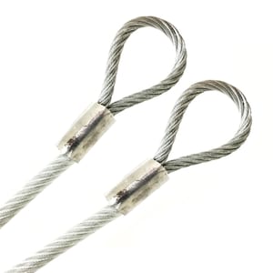 May include: Two silver wire rope thimbles with loops at the end. The thimbles are used for attaching wire rope to other objects.