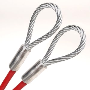 May include: Two silver wire rope thimbles with red coated wire rope attached.