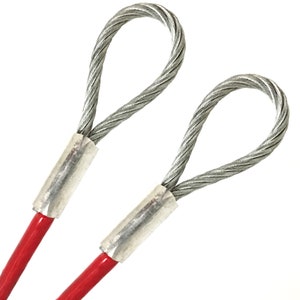 May include: Two red and silver wire rope thimbles with loops at the end.