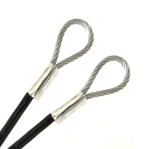 May include: Two silver wire loops with black coated cable ends. The loops are made of braided wire and have a silver metal sleeve at the end of the cable.