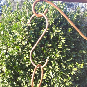 May include: A rusty metal hook with a decorative design. The hook is attached to a metal bar and is hanging from a tree branch.