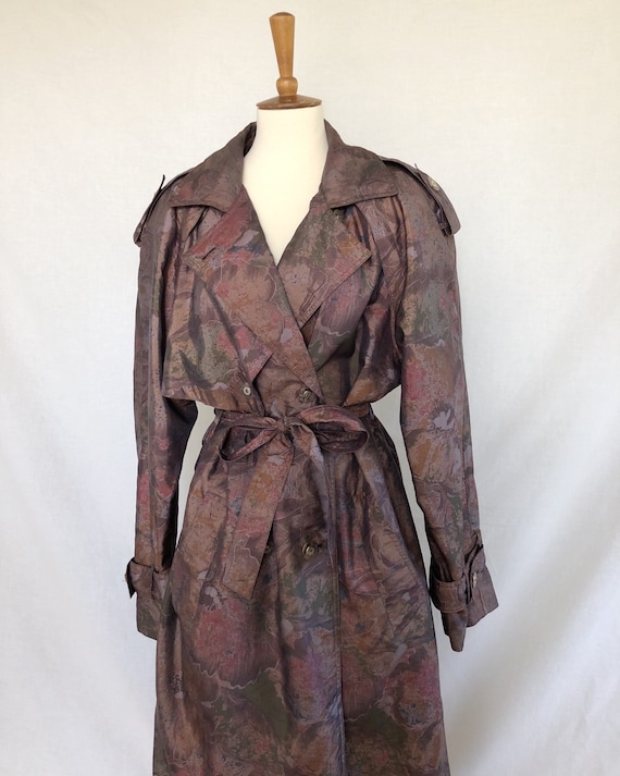 80s floral trench coat / burgundy florals / brown