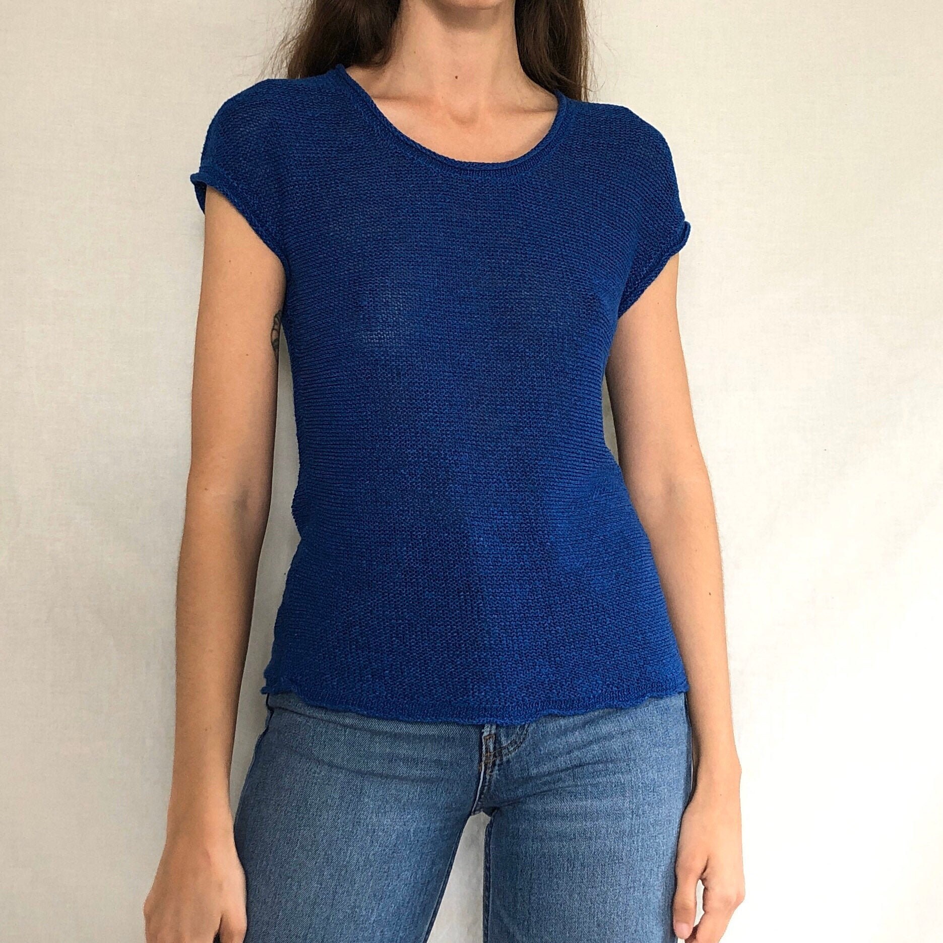 90s cobalt blue linen knit top / blue sweater top / linen knit | Etsy