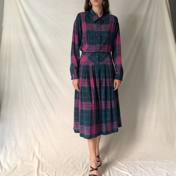 80s plaid drop waist dress / green and pink plaid