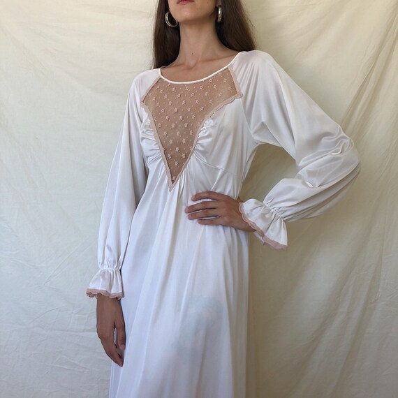 80s white poet sleeve lace nightgown / white long