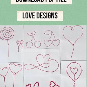May include: White paper sheets with red wire knitting templates of various designs, including a lollipop, cherries, hearts, and the word "love." The text "KNITTING WIRE TEMPLATES," "DOWNLOAD PDF FILE," and "LOVE DESIGNS" are displayed.