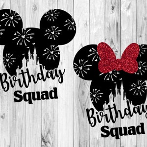 Birthday Squad, heat transfer vinyl, Mickey Mouse, Minnie Mouse, birthday decal, birthday, disneyland, disney world, Disney decal, iron on