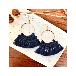 Macrame Earrings - Drop Hoop - Navy Blue - Rose Gold - Macrame Jewelry