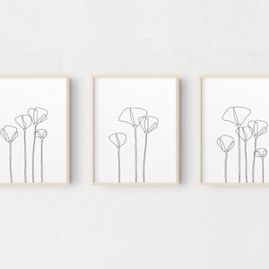 Poppies 3 piece wall art ,  Minimalist Art Print, Printable Art, Line Drawing, Minimalist Wall Art