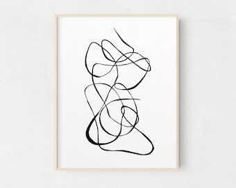 May include: Black and white abstract line art print with a minimalist design. The lines are curved and create a sense of movement.