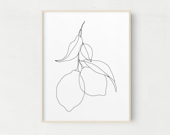 Line Drawing of Two lemons, Lemons & Leaves, Minimalist Art Print, Printable Art, Minimalist Wall Art, fruit art, fruit art print
