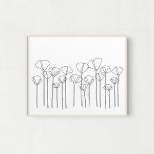 Poppy Field Line Drawing, botanical art print, California Poppies, poppies, Printable Wall Art, Line Drawing, flowers