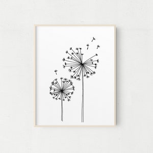 Dandelion Line Drawing, Minimalist Art Print, Mothers Day Gift, Black & White Art, Botanical Print, Printable Art Wall Art