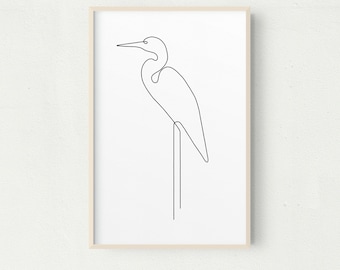 Dibujo de garceta: Impresión minimalista de arte de aves (descarga digital)