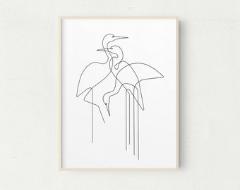 Dibujo lineal de garcetas: Impresión artística minimalista (descarga digital)