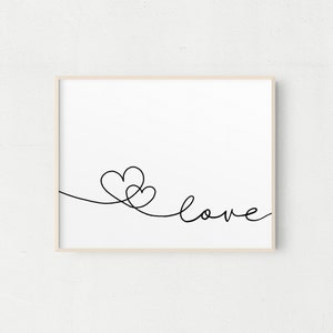 Dibujo lineal de corazones de amor, tarjeta del día de San Valentín, dibujo de una sola línea, boda, aniversario, arte imprimible, descarga digital, arte de pared
