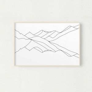 Minimalist Mountain Line Drawing, Abstract Black and White Wall Art, Modern Digital Download Print, Landscape Drawing