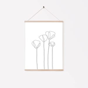 Poppies Line Drawing Art Print | Minimalist Art | Black & White Art | Wall Art | Botanical Art | 4 flowers  | Modern Art Print